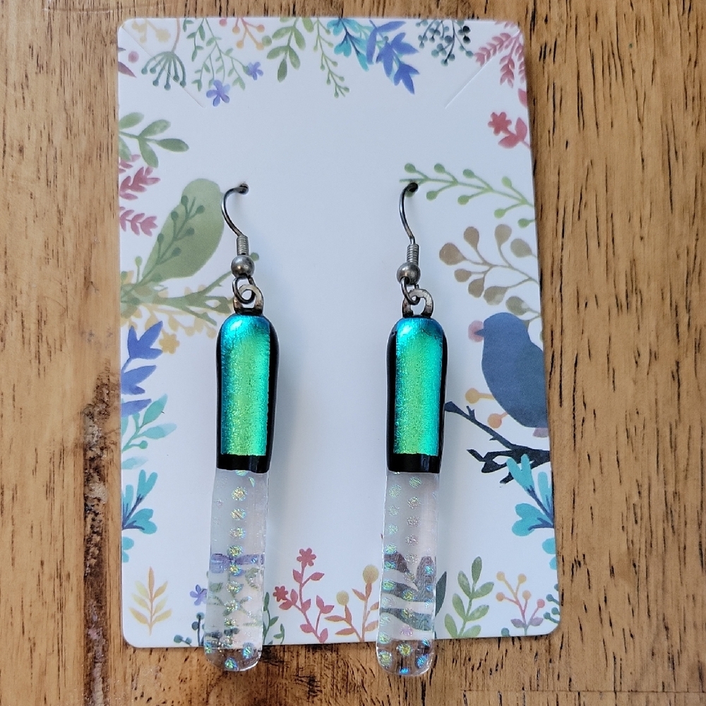 Handmade fused dichroic glass iridescent Green and Clear Dangle Earrings